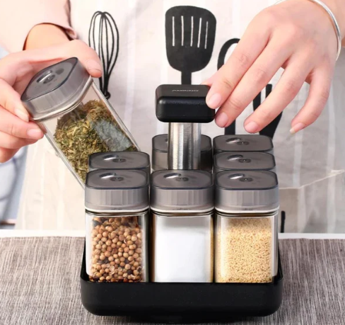 Especiero Giratorio de 9 Piezas 360° | Mantén Tus Condimentos Siempre Frescos