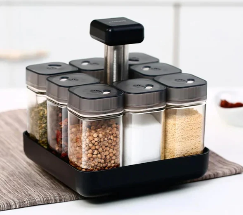 Especiero Giratorio de 9 Piezas 360° | Mantén Tus Condimentos Siempre Frescos