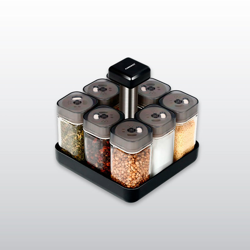 Especiero Giratorio de 9 Piezas 360° | Mantén Tus Condimentos Siempre Frescos